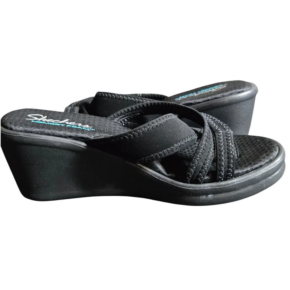 Skechers Womens Black Rumblers Young At Heart Wedge Sandals 7 Comfort Summer